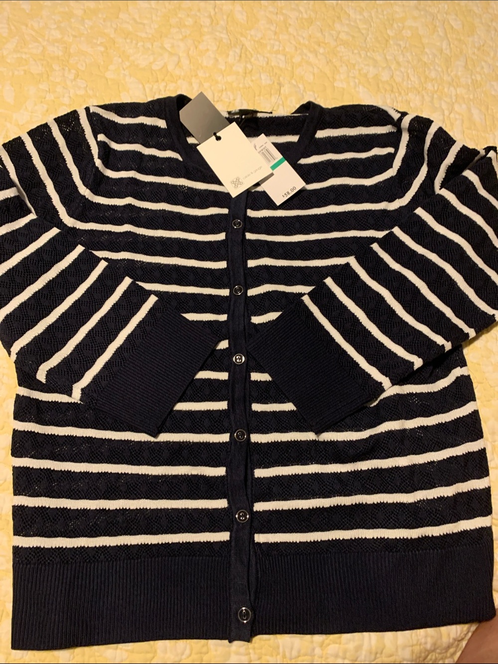 Cable & Gauge Striped Button-Front Women’s light Sweater Cardigan - Navy & White